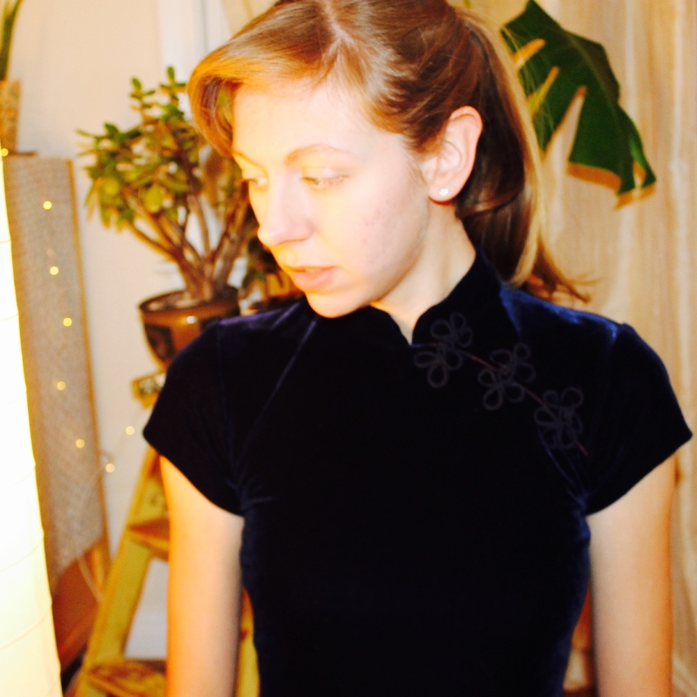 Velvet High Neck Dress in Dark Blue